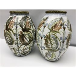 Pair of Denby Glyn Colledge stoneware vases of ovoid form with floral decoration over cream ground, together with a large bowl in a similar design, vases H32cm