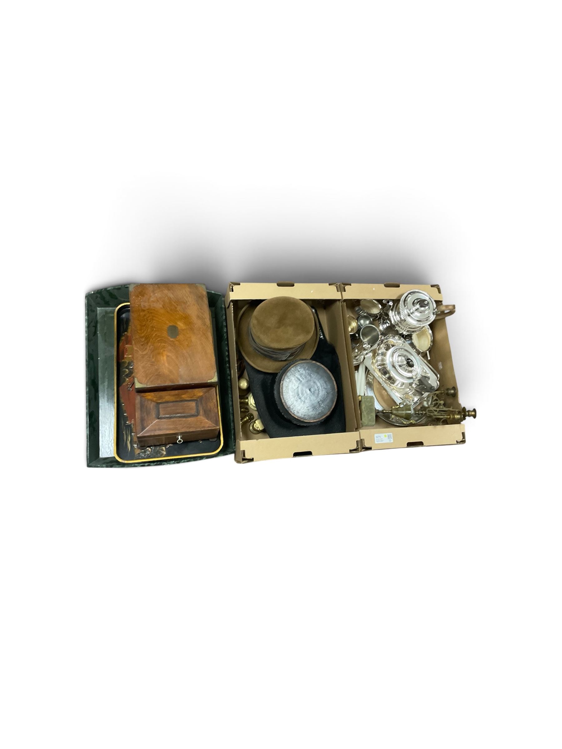 Collection of silver plate, including sugar shaker, teapot etc, together with tea caddy, writing box and other collectables 