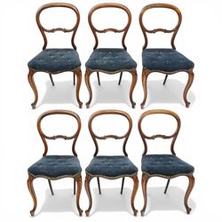 Set of six Victorian rosewood balloon-back dining chairs, seats upholstered in buttoned bl...