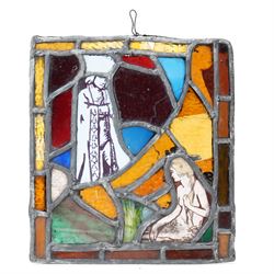 Arts & Crafts leaded stained glass panel depicting a painted seated siren or mermaid and a robed figure 31cm x 28cm