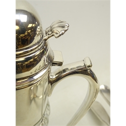  Cut glass claret jug of tapering form with silver-plated mount, scroll handle and fan shaped thumb piece, H33cm and three silver-plated ladles by Christofle, Mappin & Webb and one other (4)  