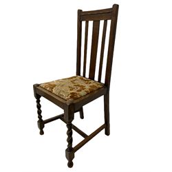 Early 20th century oak barley twist drop leaf dining table (105cm x 154cm, H74cm), and four chairs 