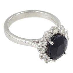 18ct white gold oval sapphire and round brilliant cut diamond cluster ring, hallmarked, sapphire approx 2.60 carat, total diamond weight approx 0.55 carat