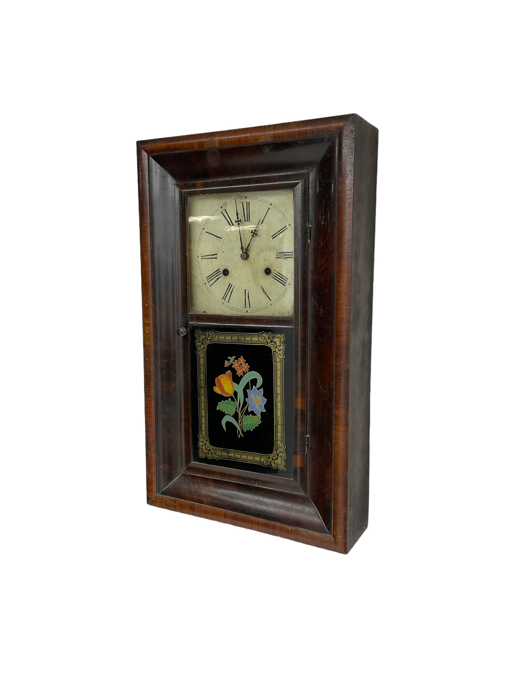 Jerome & Co - American late 19th century 30 hr weight driven mahogany wall clock, with deep ogee moulding and glazed door with a painted tablet,
Painted dial with Roman numerals and Maltese cross hands, twin train movement, striking the hours on a coiled gong. With weights and pendulum.
