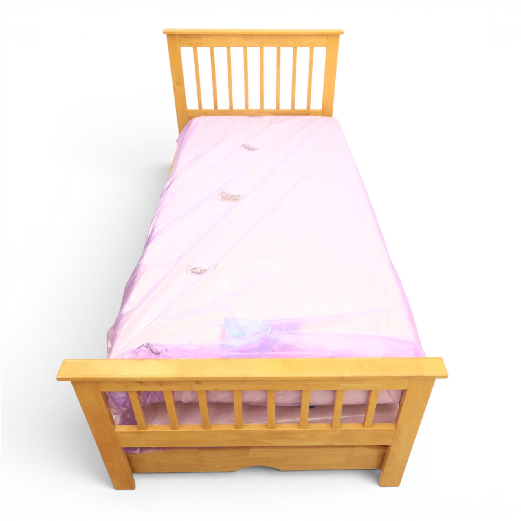 Contemporary light oak trundle bed, slatted headboard and footboard,  incorporating pull-out trundle bed on castors, complete with two memory foam mattresses