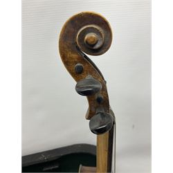 German Hopf violin c1900 with 35.5cm two-piece maple back impressed HOPF, maple ribs and spruce top, also marked HOPF internally L58.5cm overall; in Maidstone ebonised wooden coffin case with bow