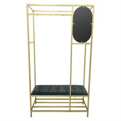 Contemporary hall stand gilt metal with black velour seat, oval mirrored panel with multiple hooks, padded seat above undertier for shoes