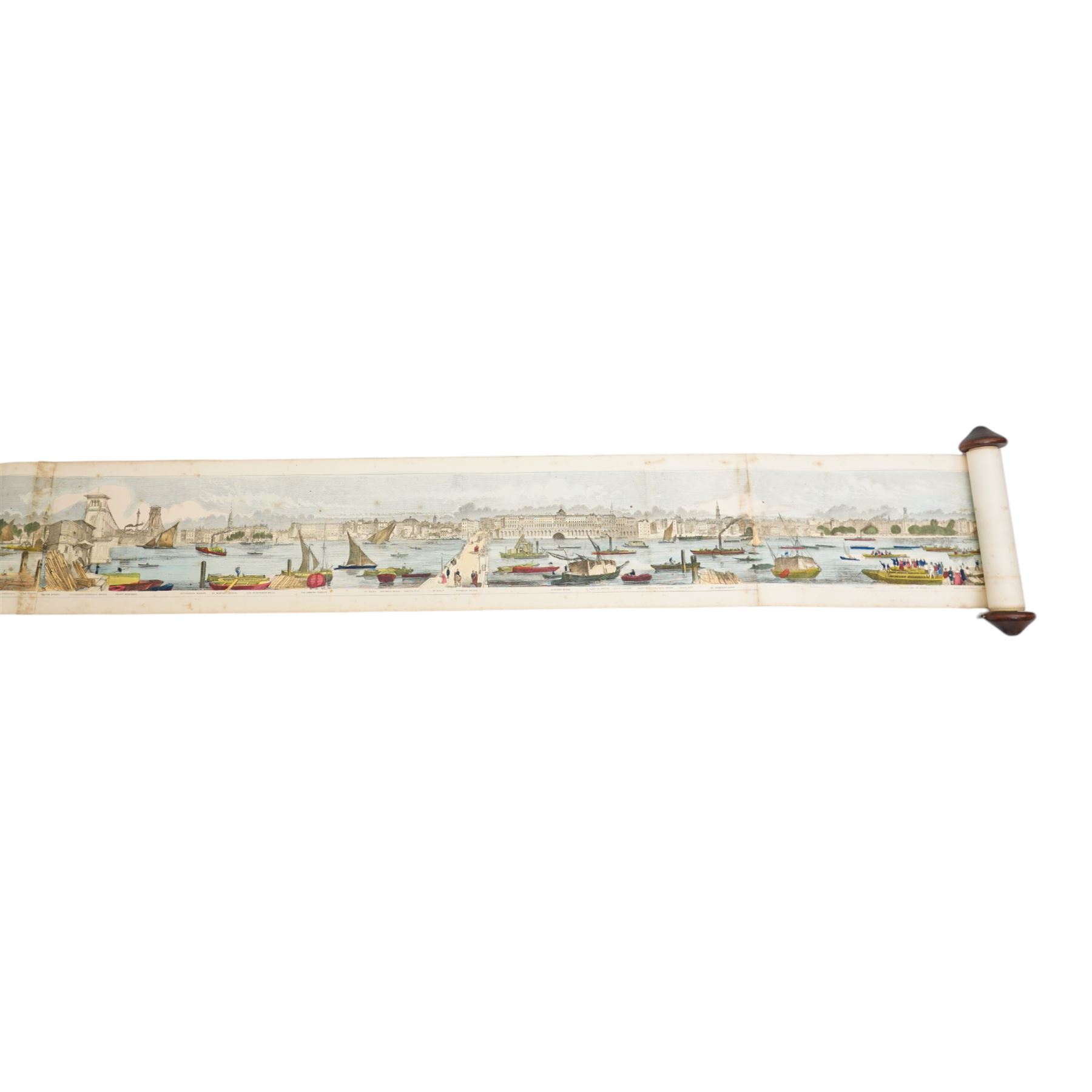 Frederick James Smyth (British 1841-1867): 'Grand Panorama of London and the River Thames - 18 Feet in Length', 19th century engraved prospect map with hand-colouring pub. Azulay, Thames Tunnel 1849, 17cm x 549cm