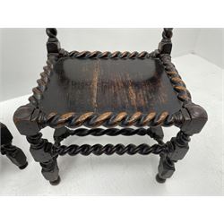 Unusual pair late 17th century oak spindle-back chairs, barley twist or spiral turned throughout, the back with a row of six vertical turned spindles, the supports joined by two lower rails and front central rail, plank seats

Provenance - The chairs illustrated in 'Early British Chairs and Seats 1500-1700' by Tobias Jellinek (Pub: Antique Collectors Club. 2009. p 313). Previous part of a private collection. Vendor purchased from auction 2014.

Measurements - seat width - 48cm, seat height - 38cm/36cm, depth - 50cm, total height - 85cm/82cm