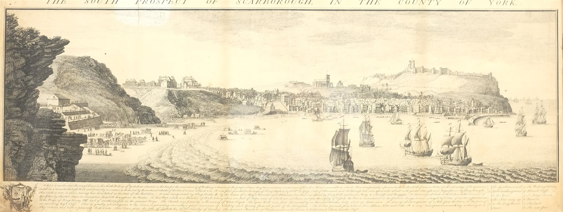 After Samuel Buck (British 1696-1779) and Nathaniel Buck (British 18th century): 'The South Prospect of Scarborough in the County of York', 18th century engraving pub. London 1745, 31cm x 80cm