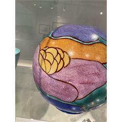 Clarice Cliff Bizarre for Newport Pottery Inspiration Tresco pattern vase, the body of shape 370 globe form painted in yellow, orange, pink, purple, green and blue with stylised island and sea related motifs such as scales and seaweed, with painted and impressed marks beneath, H15cm