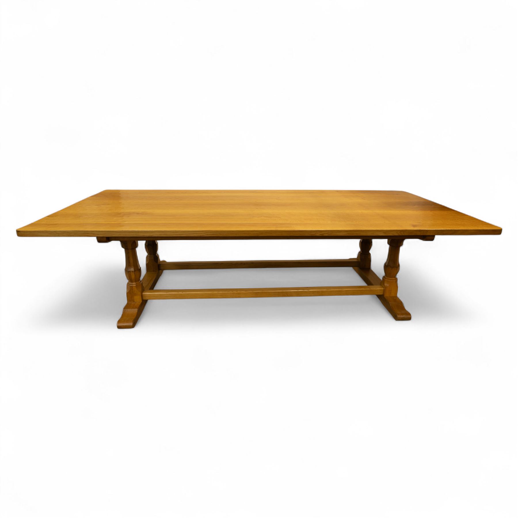 Wrenman - 10' x 5' adzed oak twin pillar dining table, with signature Wren carving on sleigh base, by Bob Hunter of Thirlby's workshop