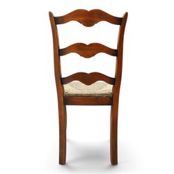 French cherry wood extending dining table, rectangular top on square chamfered supports with two additional leaves; with Batheaston - set of eight cherry wood waived ladder back dining chairs with rush seats (W46cm H98cm)