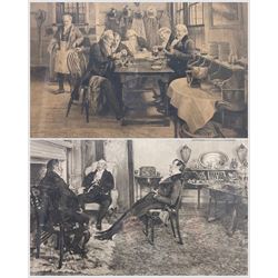 After Walter Dendy Sadler (British 1854-1923): Gentlemen Discussing Business, pair of oak framed etchings pub c1900 40cm x 51cm (2)