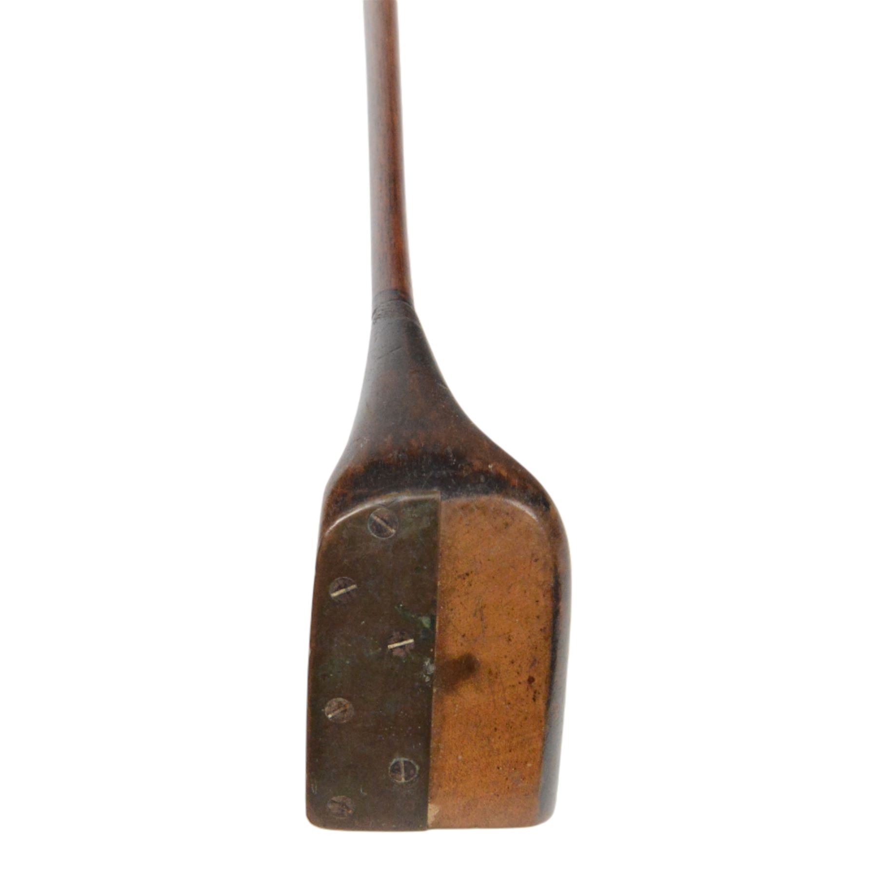 Jean Gassiat Persimmon putter, with half brass sole plate, hickory shaft, bound leather pistol grip, L87cm
