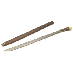 Continental hunting knife in the Khyber style with 49cm single edged steel blade and brass mounted stag antler grip, in brass banded wooden scabbard L61cm overall