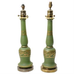 Pair of green frosted glass and gilt table lamps, H62cm 
