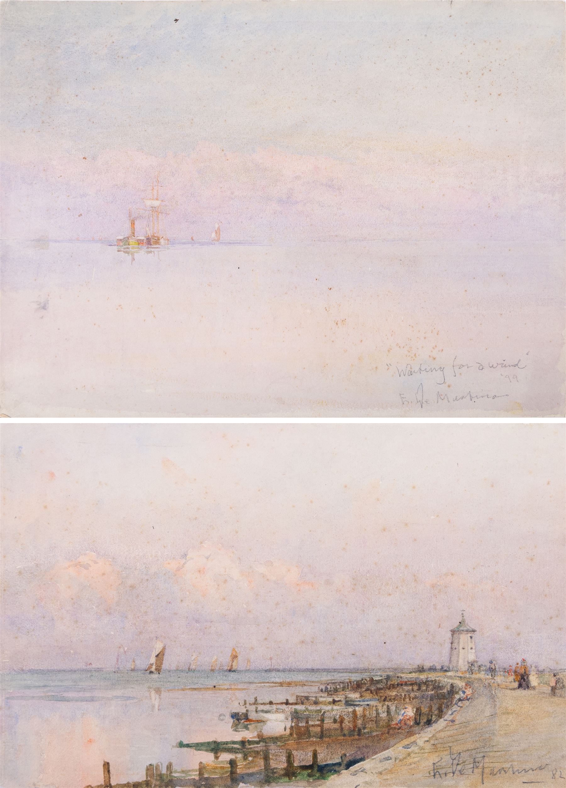 Eduardo De Martino (Italian 1838-1912): 'Waiting for a Wind' and Harbour Scene, two watercolour signed, one titled, each dated '82 and '99, 15.5cm x 24.5cm and 27cm x 36cm (2) (unframed)