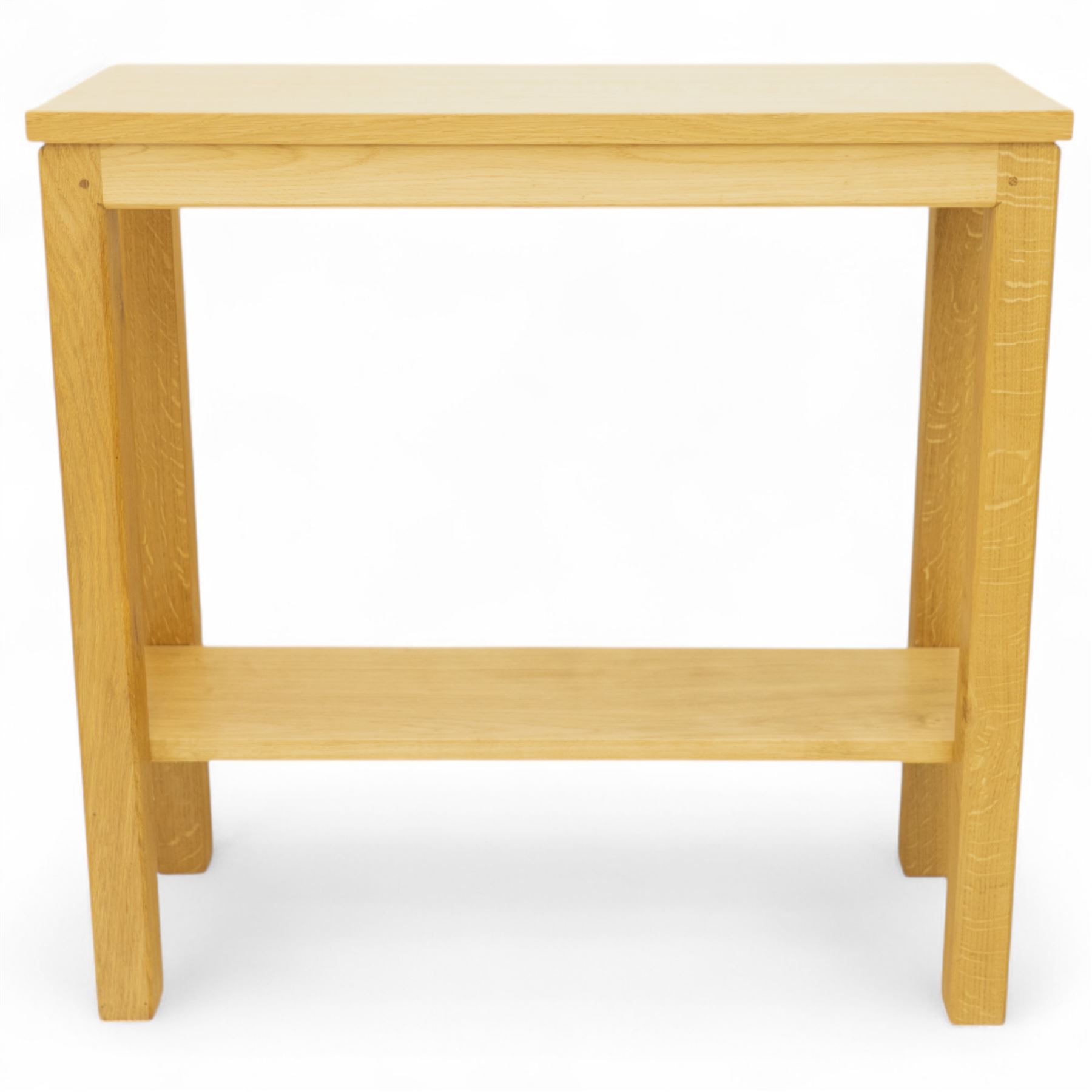 Woodwormman - oak console table, rectangular top over open frame with plain frieze, united by a low tier stretcher shelf, with carved Woodworm signature, by Nigel Dixon, Topcliffe, Thirsk
