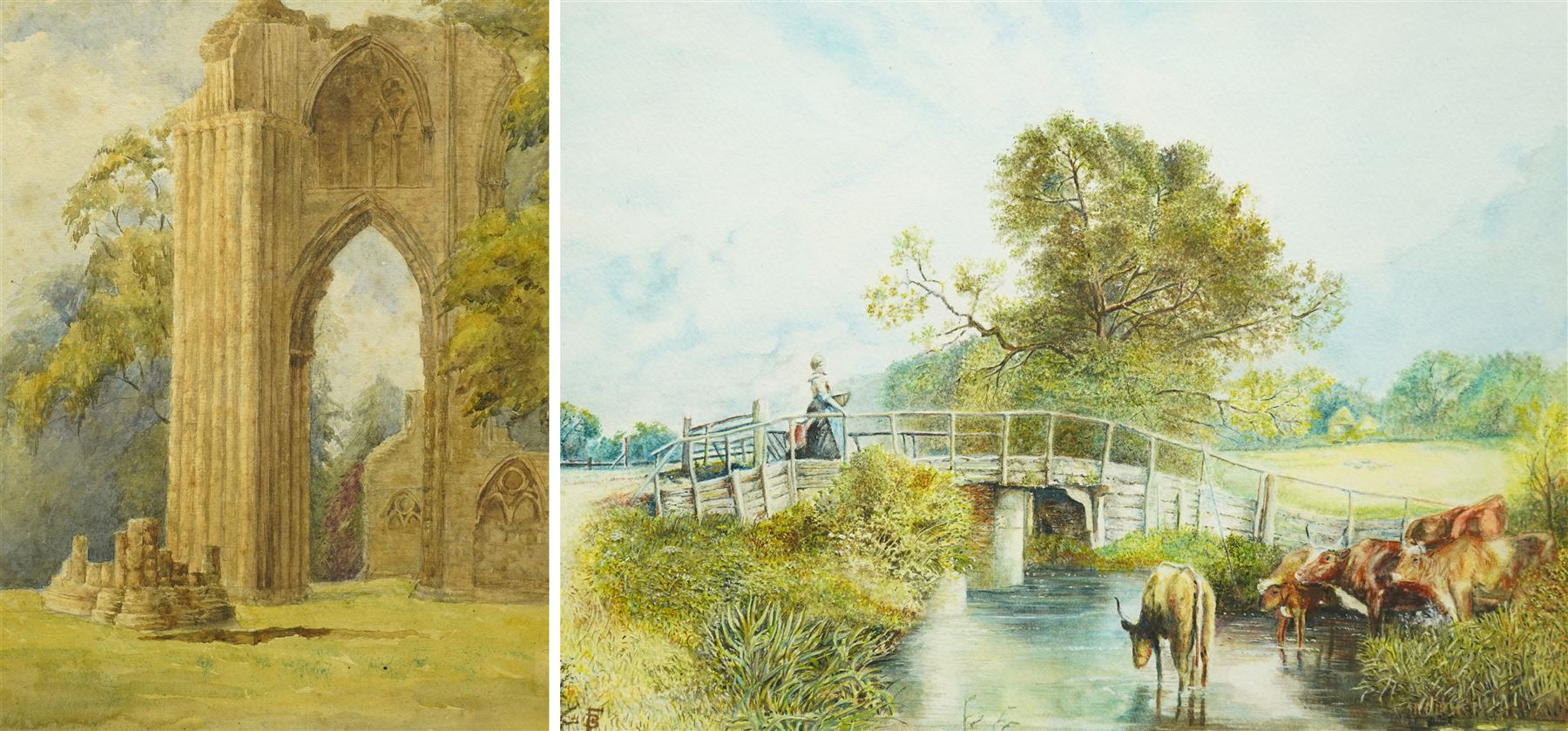 Attrib. William James Boddy (British 1831-1911): St Mary's Abbey - York, watercolour unsigned 29cm x 22cm; Circle of Myles Birkett Foster RWS (British 1825-1899): Cattle Watering at River, watercolour signed with monogram 22cm x 29cm(2)