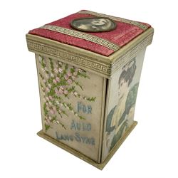 Early 20th century fold out needle box, decorated with printed portraits of ladies, and an embroidered panel of flowers detailed 'For Auld Lang Syne', opening and folding out to reveal four interior folding panels, and a central lidded section, each panel holding a set of needles, detailed 'Superior Needles. Royal Silver Eyed Cast Steel Redditch England', H11cm