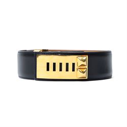 Hermès - ‘Collier de Chien 50’ black leather belt, with yellow gold-tone pyramid stud and hardware, size 80, with original box