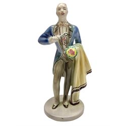 Goldscheider figure, modeled as a gentleman with flowers, upon a circular base, with printed mark beneath, H25cm