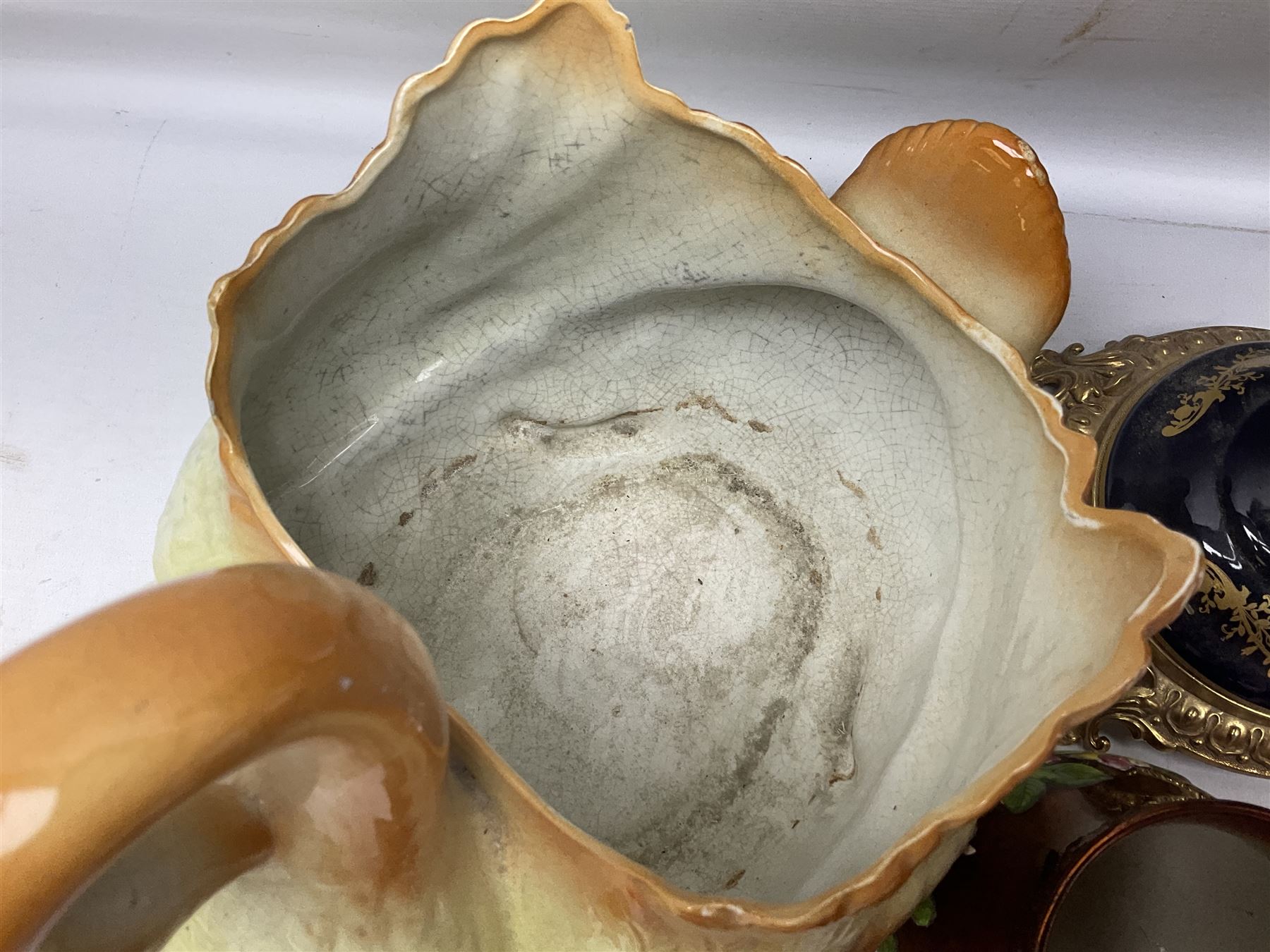 Sevres style vase and cover, the body of baluster form with scrolling gilt metal mounts printed with courting couple scene, together with copper lustre jug and quantity of Royal Worcester Palissy Game Series plates, quantity of Pendelfin figures etc, vase H44cm