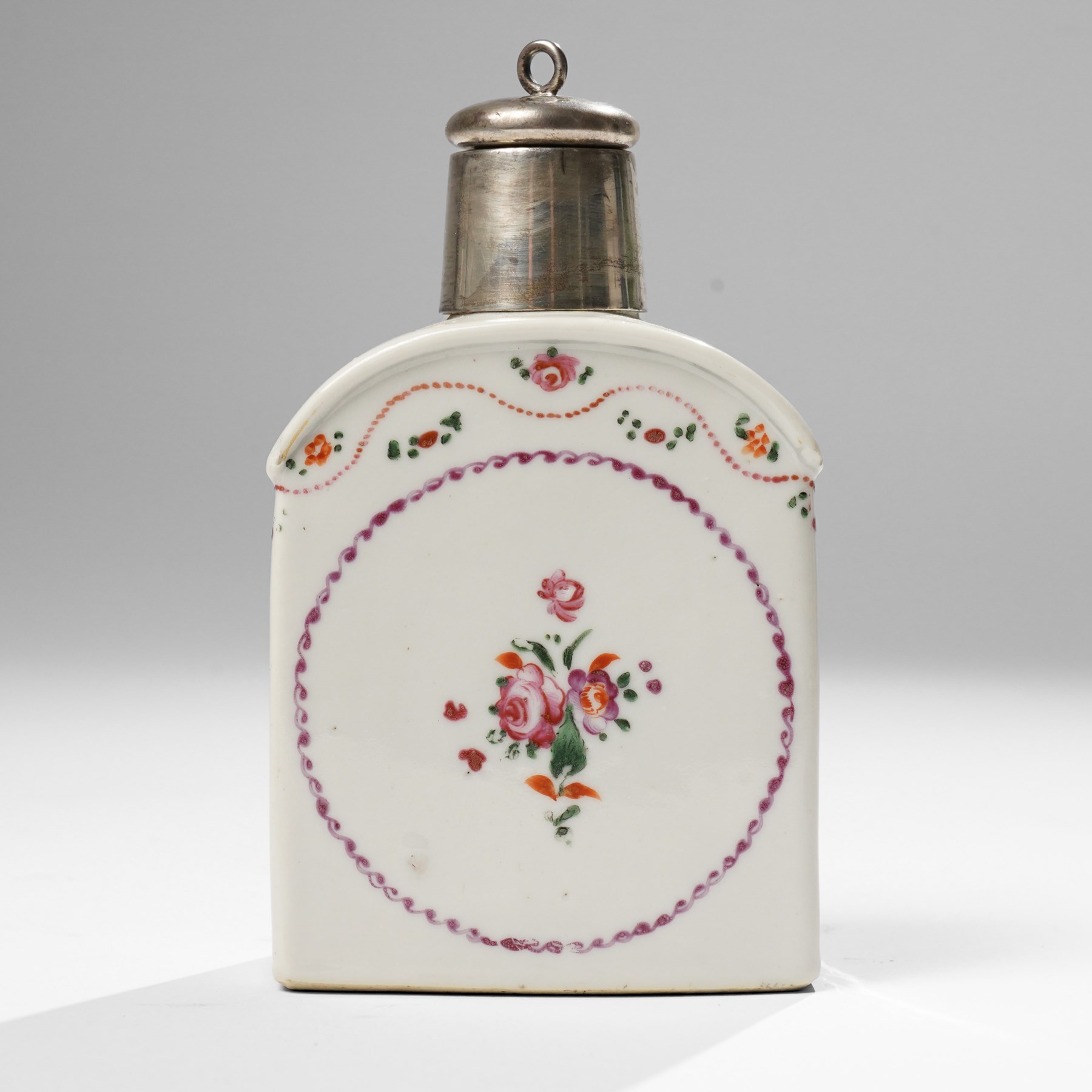 Two Chinese blue and white tea caddys, and another with famille rose design and engraved metal lid, larger H16cm (3)