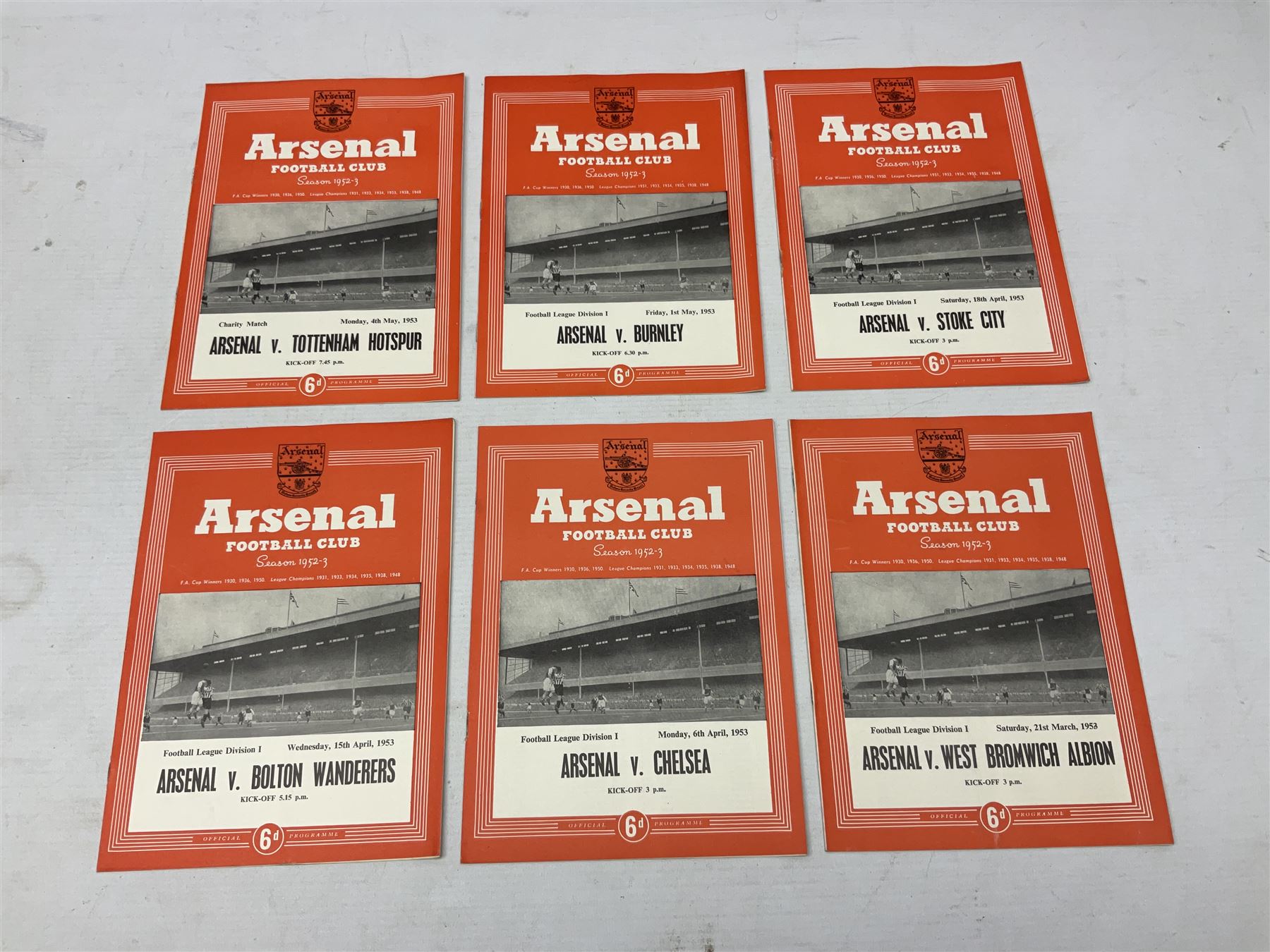 Arsenal F.C. - thirty home programmes for 1951/52 (7) & 1952/53 (23) including Division One, F.A. Cup, London Football Association Challenge Cup, Charity Match, Friendly Match and one duplicate (30)