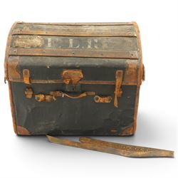 19th century leather and oak bound dome-top trunk with Waterloo and other affixed travel labels