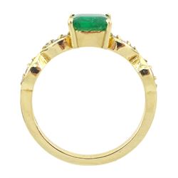 14ct gold square cut emerald ring, with round brilliant cut diamond shoulders, emerald approx 1.15 carat, total diamond weight approx 0.15 carat