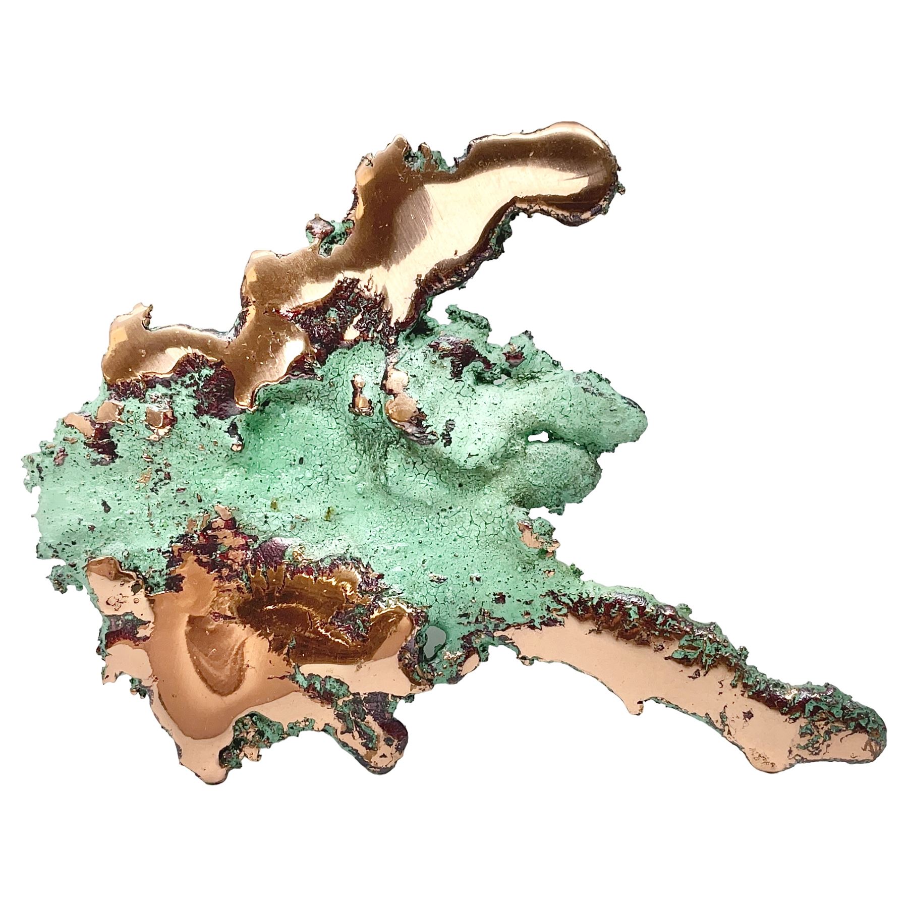Large free form copper splash, with green patina and polished copper accents, at largest point H16cm, L18cm