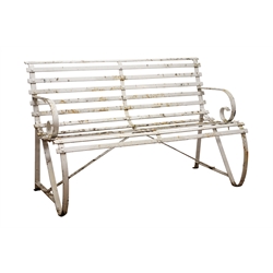  White painted wrought iron garden seat with slat back and scrolled arms, W122cm, H79cm, D54cm  