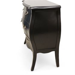 French design black finish bombe chest, shaped moulded top over three drawers, on splayed feet; and a painted bombe chest (2)