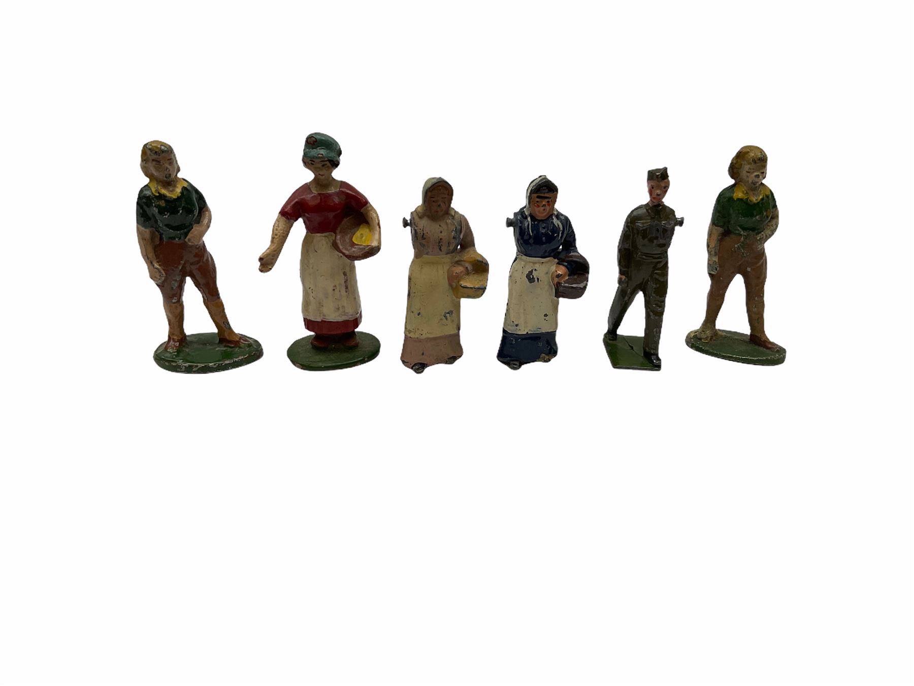 Lead figures - pre-war Charbens goat cart with girl; Timpo ploughman; Timpo cow; Salco Dray Carts; see-saw boat with boy and girl; two Charbens tractors; Taylor & Barrett governess cart; six Wendal figures etc