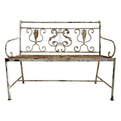 Regency design wrought metal garden bench, central lyre back with foliate S-scrolls with serpent masks, flanked by two floral mouldings and further scrolling, metal slatted seat on straight supports joined by H-stretcher  - THIS LOT IS TO BE COLLECTED BY APPOINTMENT FROM DUGGLEBY STORAGE, GREAT HILL, EASTFIELD, SCARBOROUGH, YO11 3TX