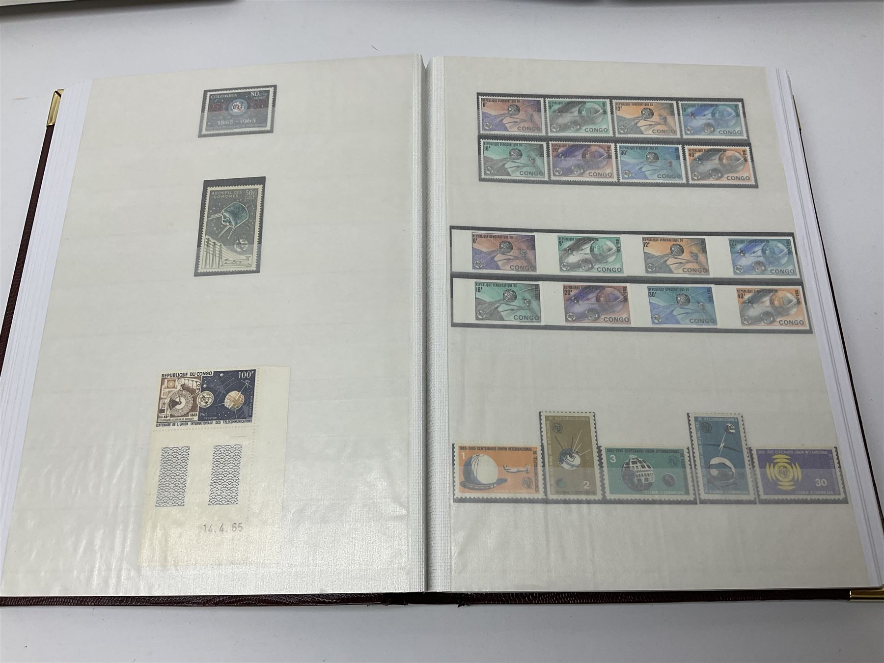 Thematic stamp collection relating to satellites, telecommunications and space from various Countries including Angola, Antigua, Ascension, Australia, Bahamas Barbados, Bhutan, British Virgin Islands, Denmark, Ecuador, Israel etc, a mint and used collection housed in three stockbooks