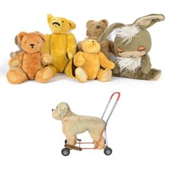 Pedigree push along dog, with Chiltern rabbit and four jointed teddy bears 