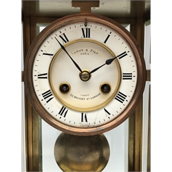  Late 19th century brass four glass mantle clock, white Roman dial inscribed LEROY & FILS Depot, 211 Regent St.London, twin train movement stamped Leroy & Fils a Paris, 21586 striking the half hours on a gong, H26.5cm, W17cm, D13,5cm   