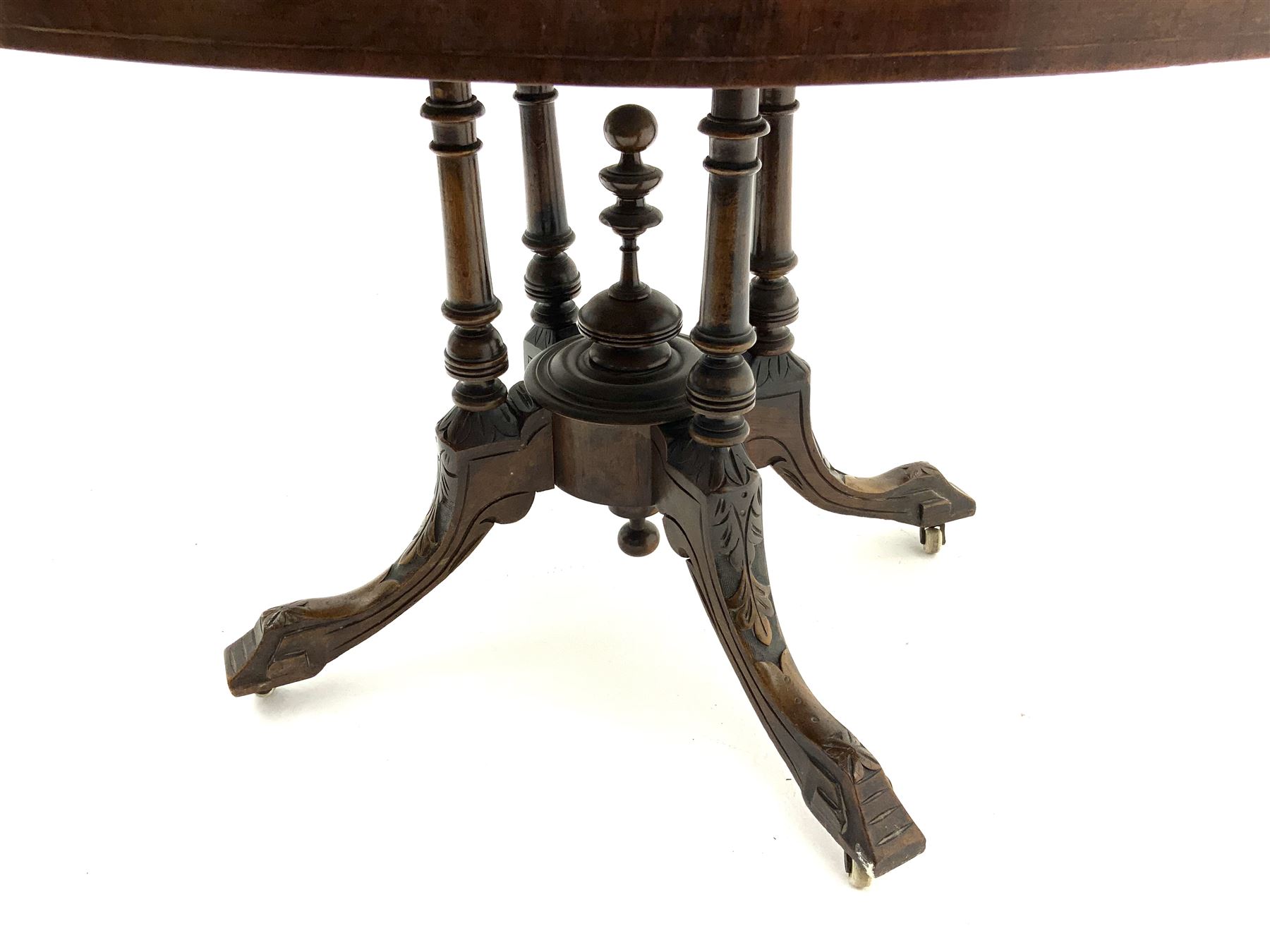 Victorian inlaid walnut oval loo table, folding snap top (no pins)