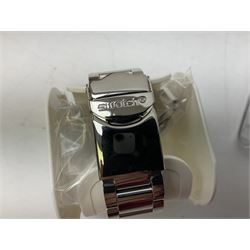 Swatch Irony chronograph stainless steel quartz wristwatch, on original tan leather strap and one other Irony quartz wristwatch, on stainless steel strap both boxed (2)