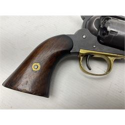 Unmarked Spencer & Rogers type Remington style .44 cal. six-shot percussion revolver, 20cm octagonal barrel with loading lever under, brass trigger guard and two-piece wooden grip L37cm overall; together with a framed watercolour by Alan J. Gray dated 2009 entitled 'The Remington .44 Calibre 1861 Navy Revolver'  19 x 42cm (2)