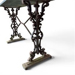 Edwardian ornate cast iron garden table, later rectangular granite top