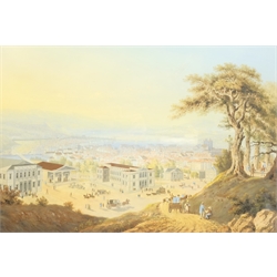 English Colonial School (19th century): Panoramic View of a Lakeside City, possibly North American, watercolour and gouache unsigned 47cm x 70cm