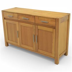 Solid light oak sideboard, fitted with three drawers and three cupboards