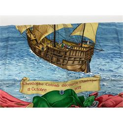 Hermès 'Christophe Colomb Découvre l'Amérique' jacquard silk scarf, designed by Carl de Parcevaux in 1992, limited edition for the bi-centenary of the discovery of America, printed with a central image of Christopher Columbus' ship at sea, surrounded with colourful stylised feathers, birds, flags, globes, shells and flowers, contained within vibrant red border, with rolled hand stitched edges and Hermes material label, 87cm square