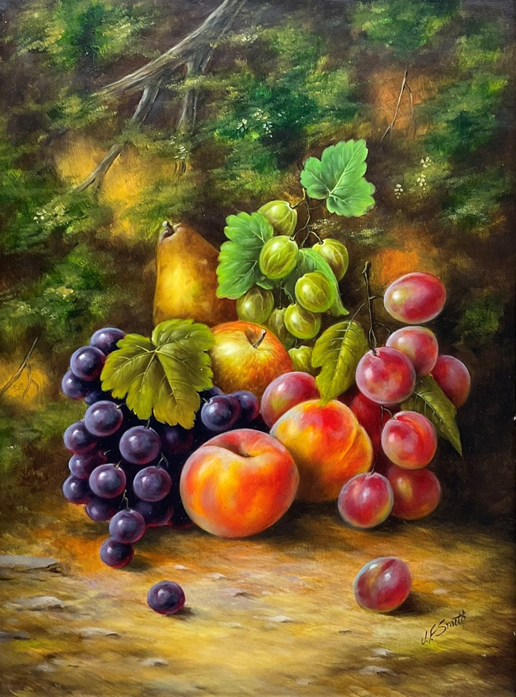 John F Smith (British 1934-): Still Life with Grapes and Peaches, oil on board signed 39cm x 29cm