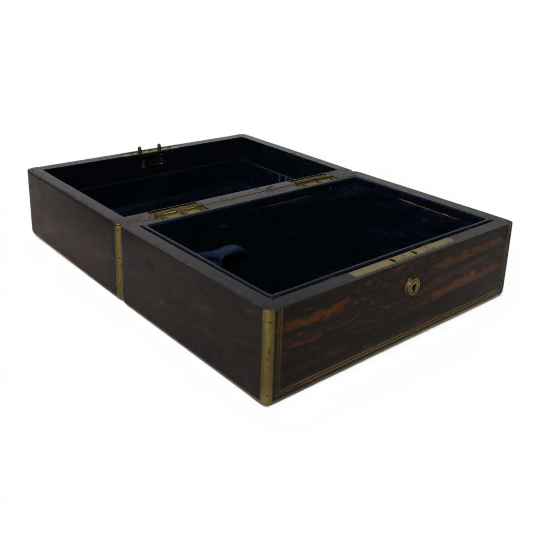 19th century brass mounted coromandel wood box, the hinged lid with inlaid cartouche with initials to the centre, opening to reveal two removable velvet lined trays 