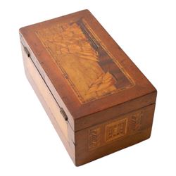 19th century satin wood marquetry inlaid correspondents box, the lid with inlaid three-masted sailing ship, opening to fitted compartments,  H1cm, L21cm, D12cm